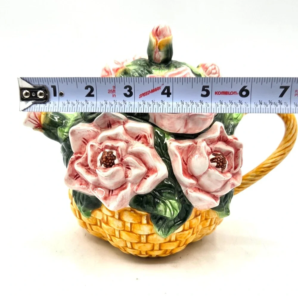 ASIA MASTER GROUP PINK ROSES IN BASKET CERAMIC TEAPOT W/ LID Cottage Core Granny
